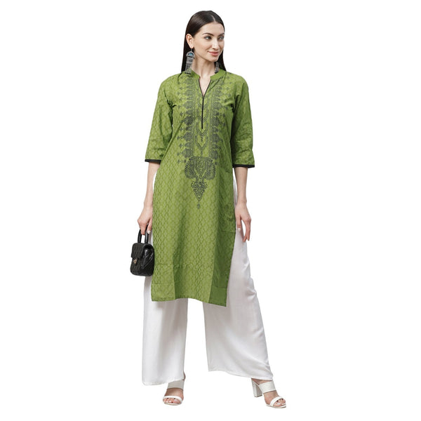 Women's Green Cotton Printed 3/4 Sleeve Mandrin Neck Casual Kurta Only - Myshka