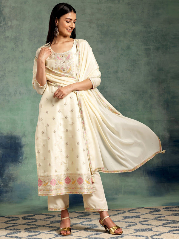 Off White Woven Design Silk Blend Straight Suit With Dupatta - Jashvi