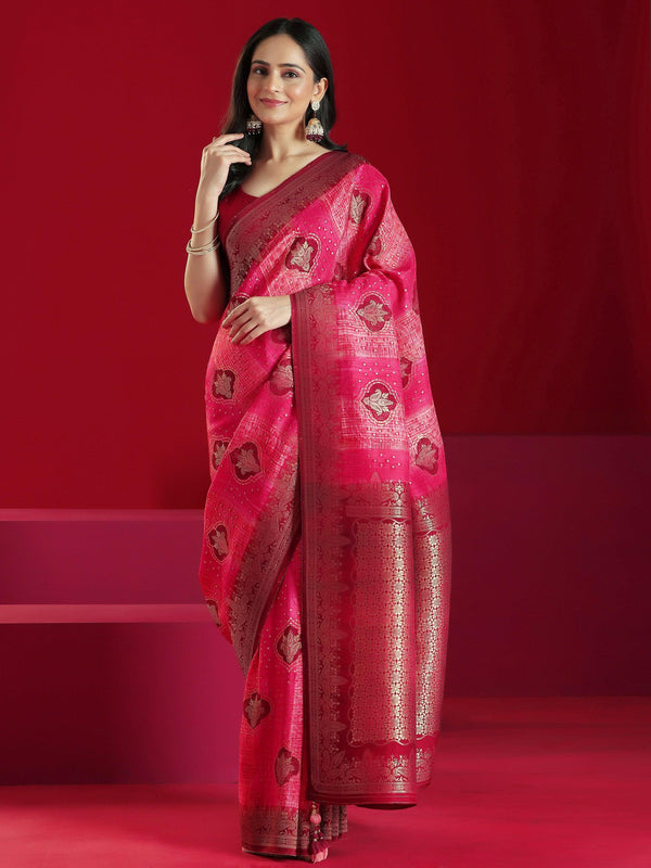 Jashvi Art Pink Woven Design Satin Saree With Unstitched Blouse Piece - Jashvi