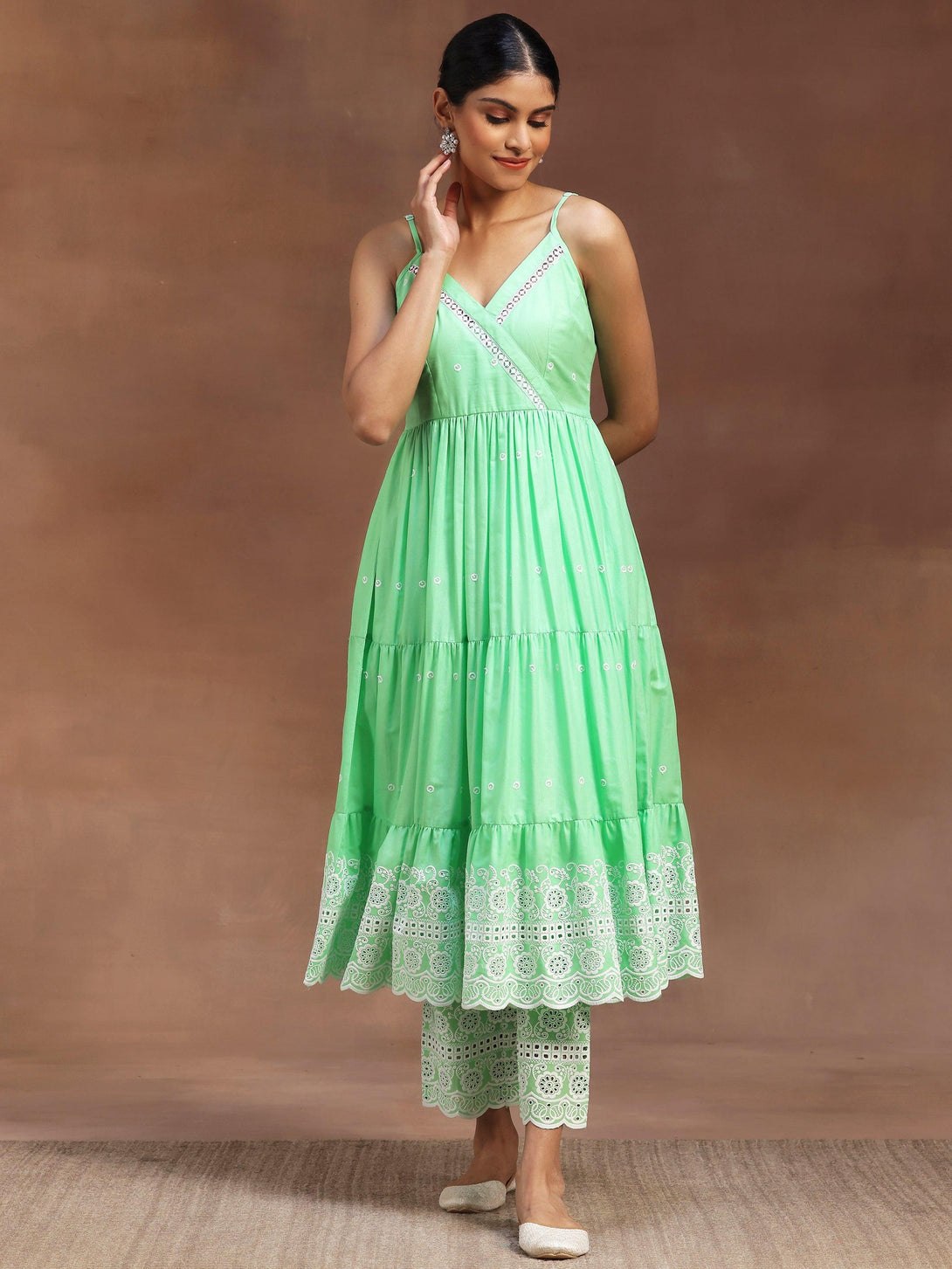 Green Self Design Cotton Anarkali Kurta With Trousers - Jashvi