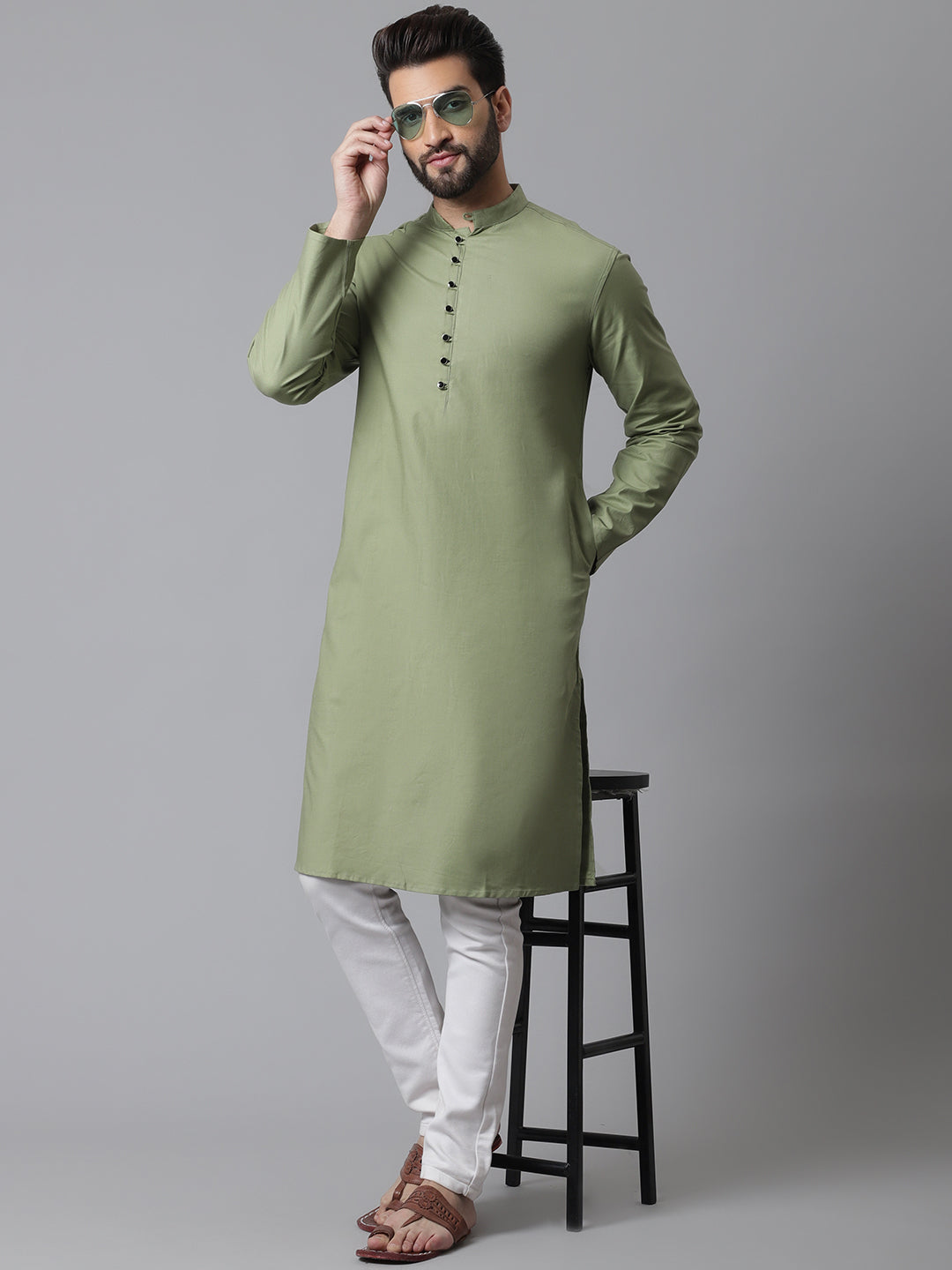 Men's Green Pure Cotton Kurta With Band Collar - Even Apparels