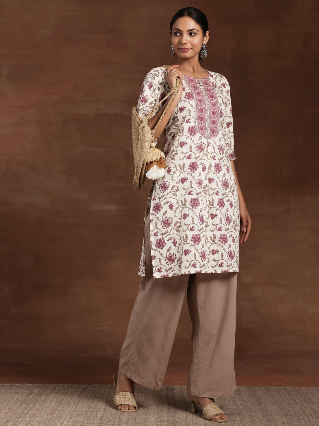 Beige Printed Cotton Straight Kurta - Jashvi