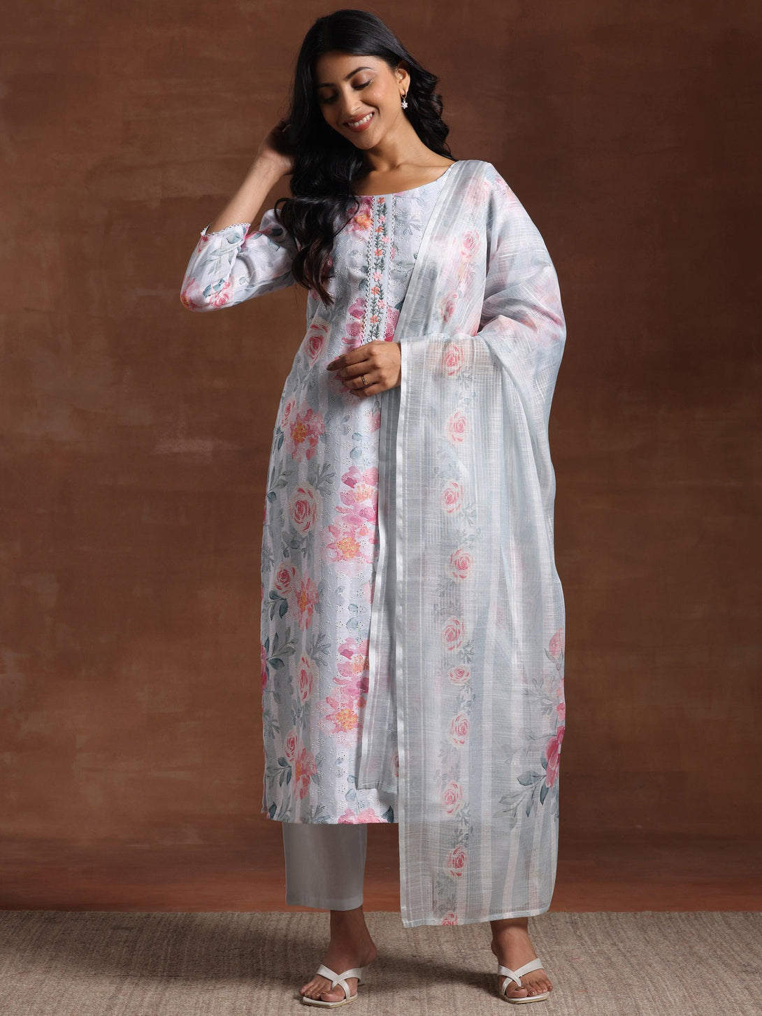 Grey Printed Cotton Blend Straight Suit With Dupatta - Jashvi