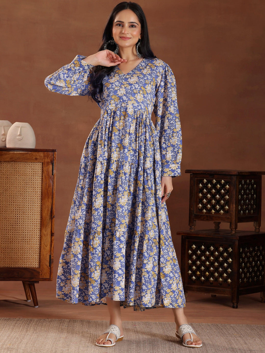 Blue Printed Cotton Fit and Flare Dress - Jashvi