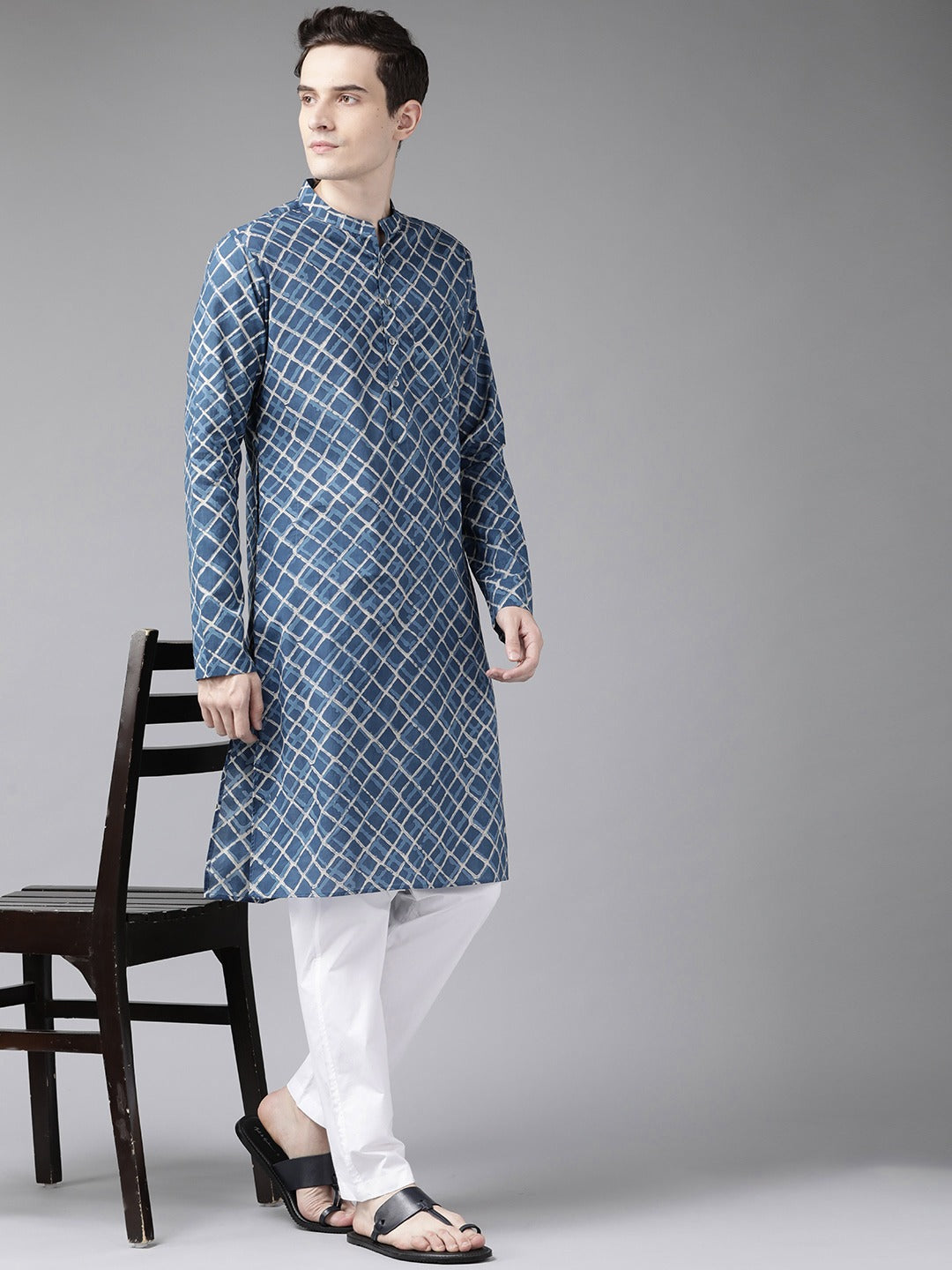 Men's Blue & Beige Printed Straight Kurta With Pyjama - See Designs