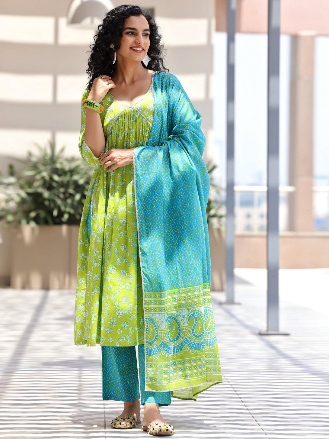 Green Printed Cotton A-Line Kurta With Palazzos & Dupatta - Jashvi