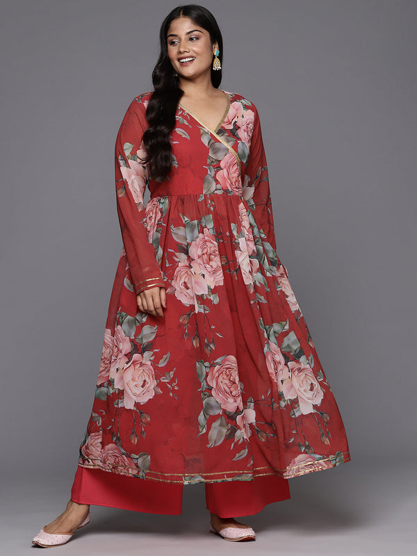 Red Floral Printed Plus Size Angrakha Kurta with Palazzos