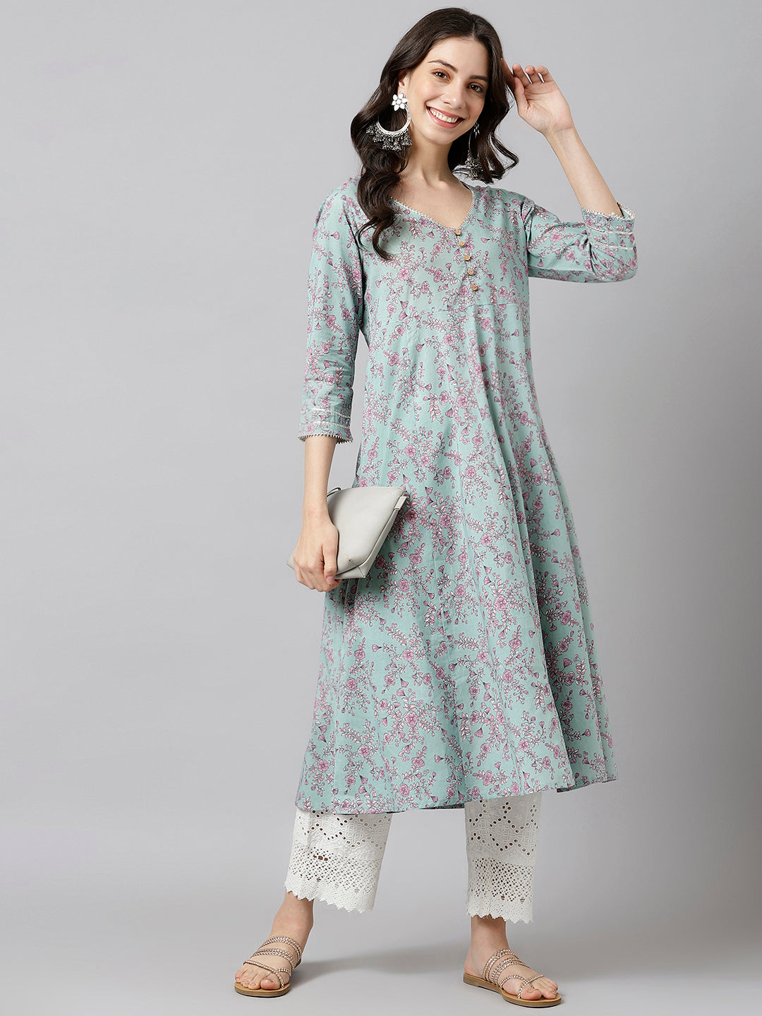 Women's Cotton Printed V-Neck Anarkali Kurta - Deckedup