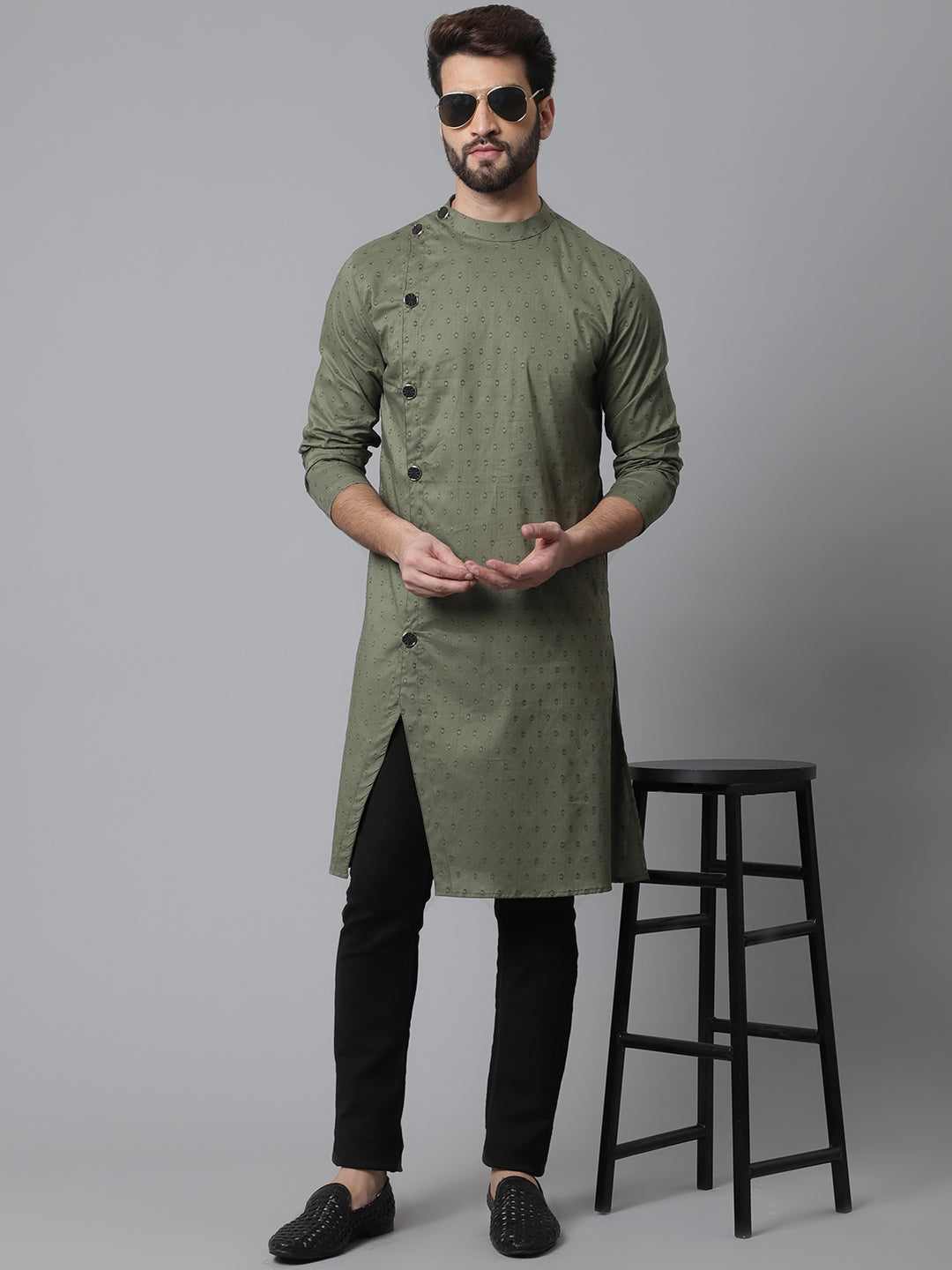 Men's Green Sherwani Kurta With Asymetrical Cut - Even Apparels