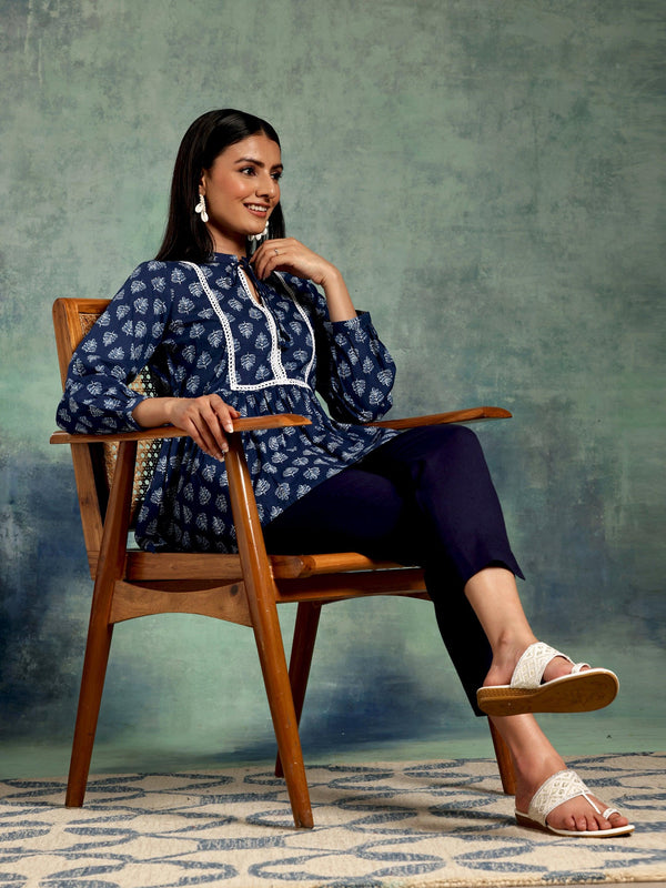 Blue Yoke Design Cotton A-Line Kurti