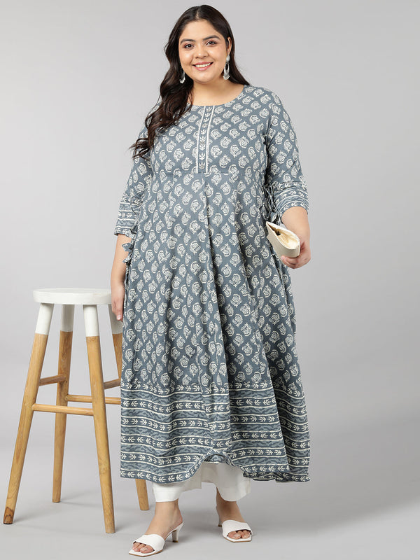 Women's Cotton Printed Anarkali Kurta (Grey) - Kipek