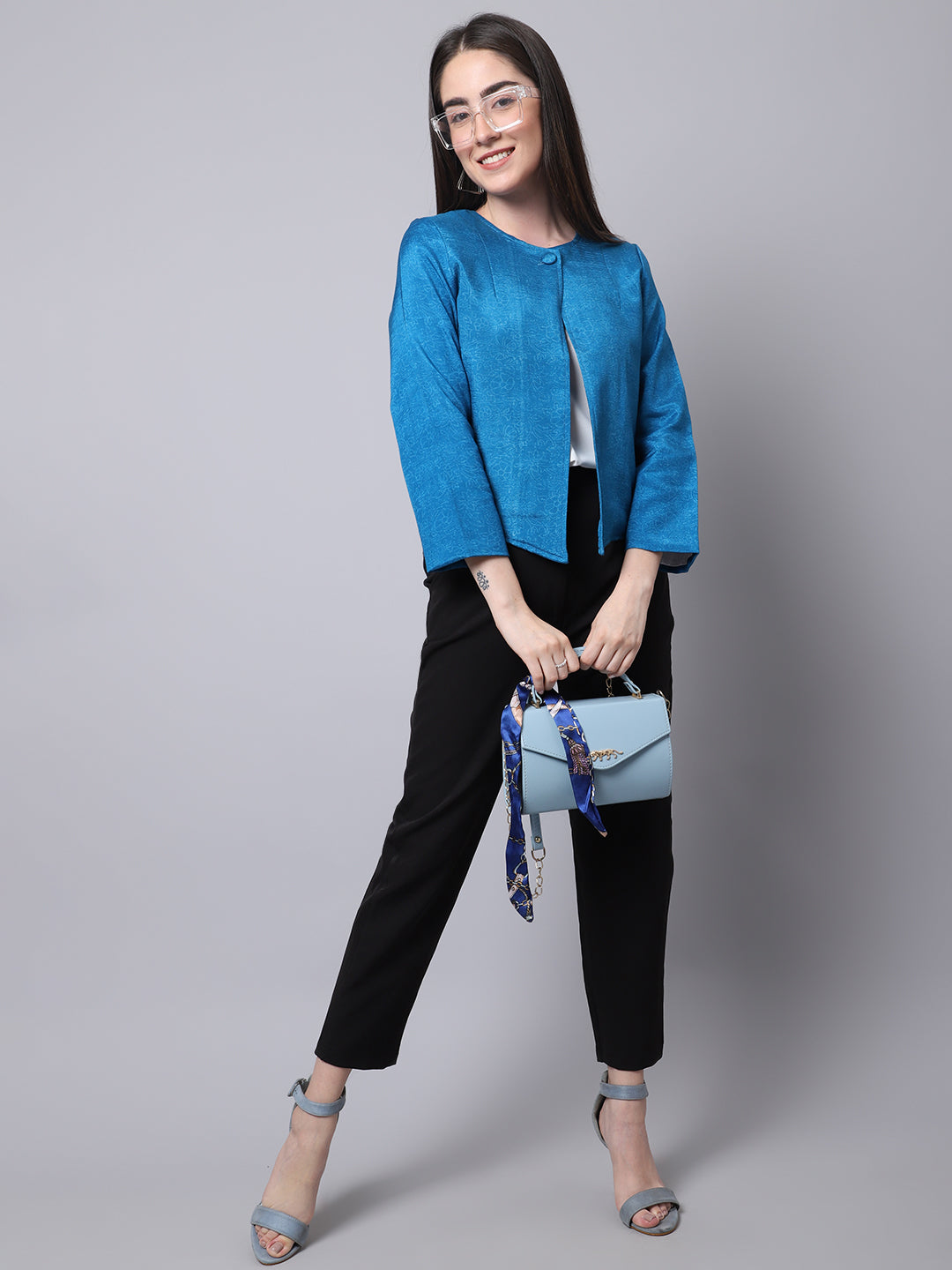 Women's Blue Open Front Statement Jacket - Even Apparels