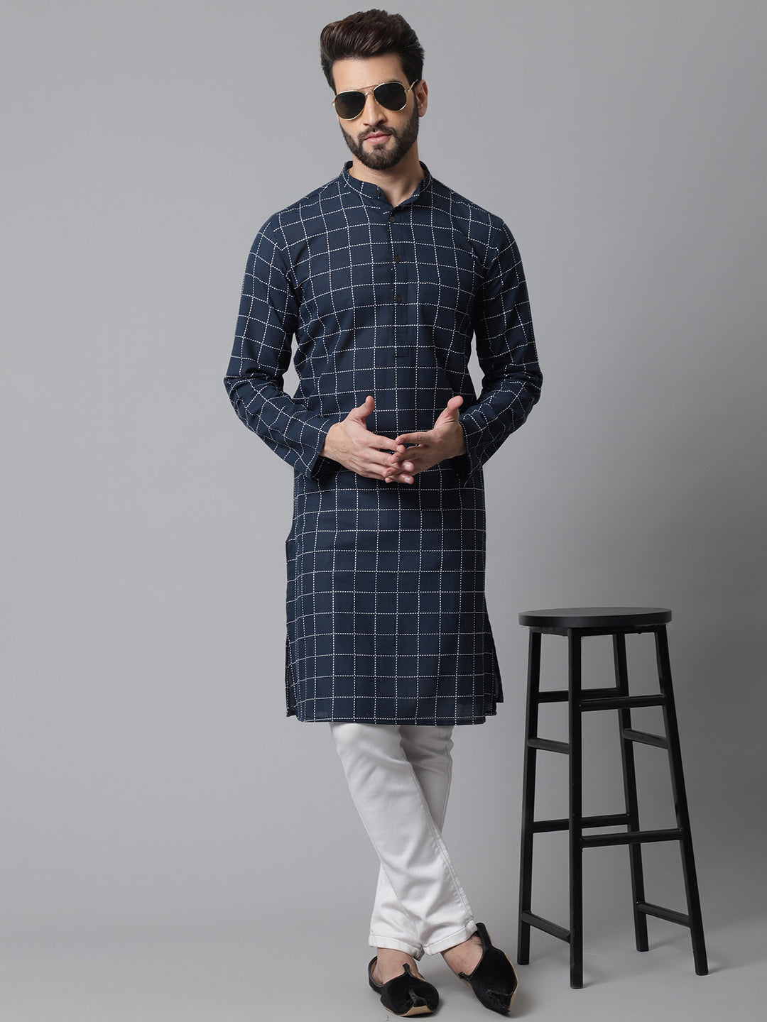 Men's Blue Solid Kurta With Band Collar - Even Apparels