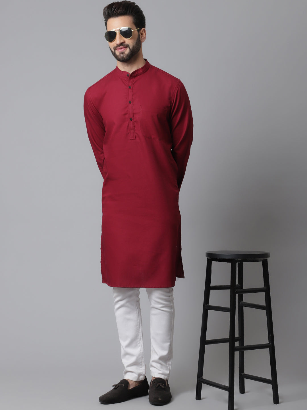 Men's Maroon Pure Cotton Kurta With Band Collar - Even Apparels