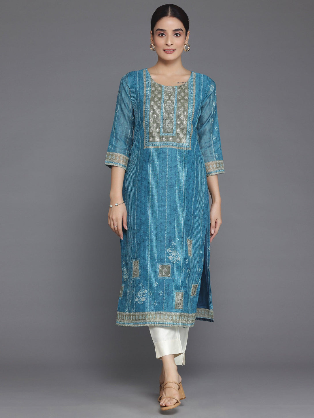 Blue Embellished Chanderi Silk Straight Kurta - Jashvi