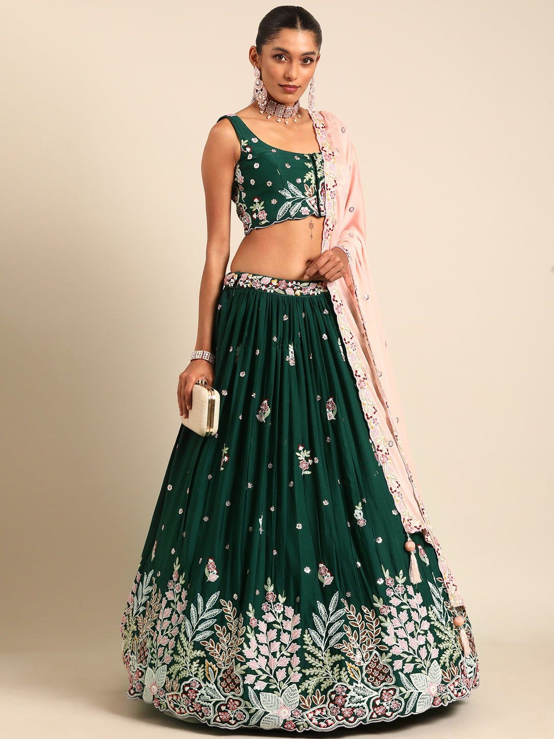 Women's Green Georgette Sequins And Thread Embroidery  Lehenga Choli & Dupatta - Royal Dwells