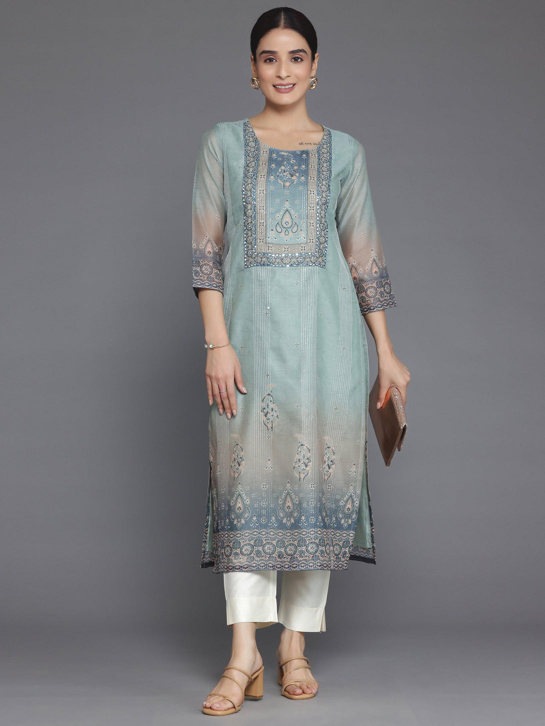 Grey Embellished Chanderi Silk Straight Kurta - Jashvi