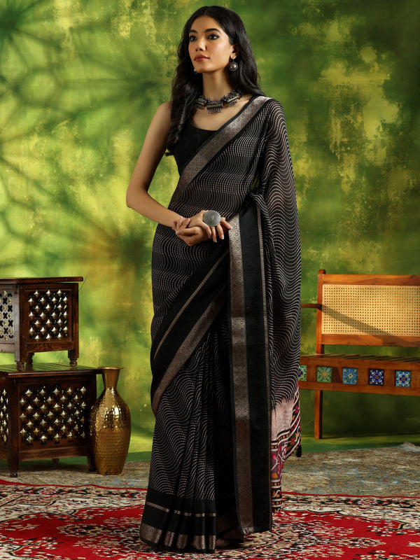 Black Printed Silk Blend Saree With Unstitched Blouse Piece