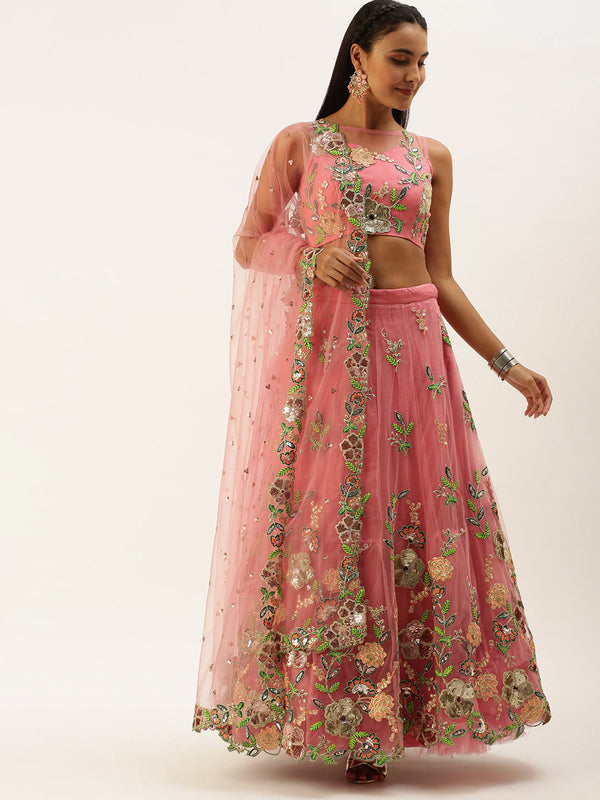 Women's Pink Net Sequince Cut Work Lehenga & Blouse With Dupatta - Royal Dwells