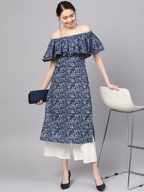 Women's Blue Cotton Printed Cold Shoulder Sleeves Off Shoulder Neck Casual Kurta Only - Myshka