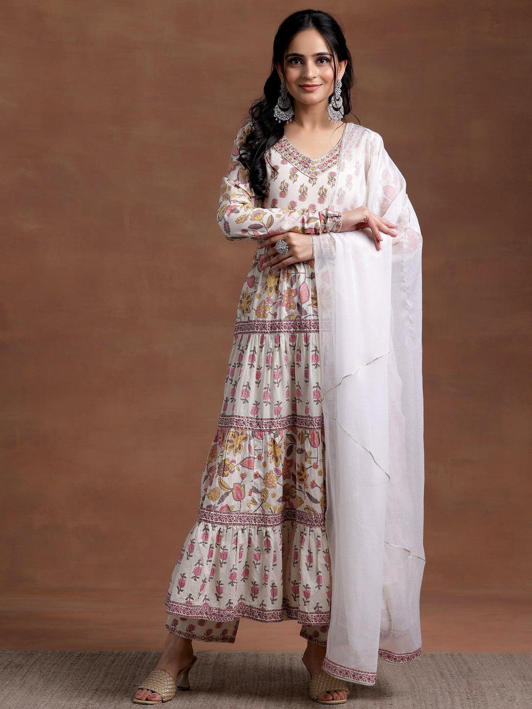 Off white Printed Cotton A-Line Kurta With Palazzos & Dupatta - Jashvi