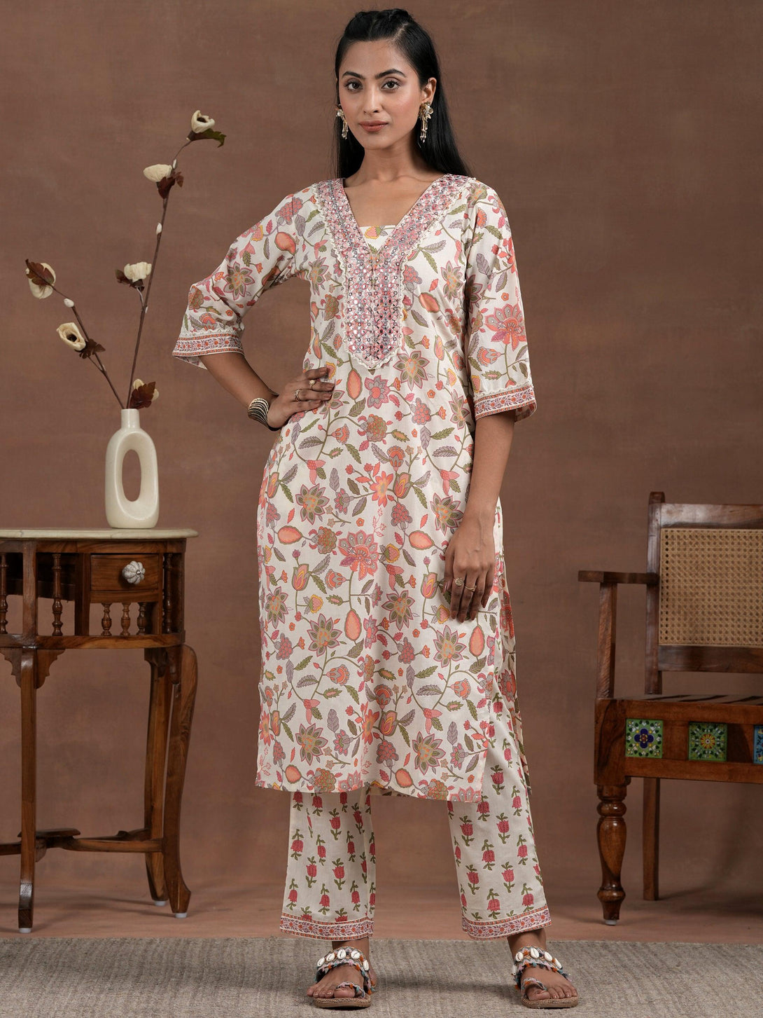 Off White Printed Cotton Straight Suit With Dupatta - Jashvi