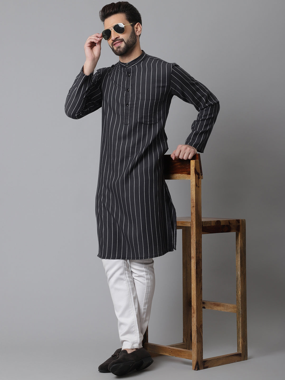 Men's Black Pure Cotton Kurta With Band Collar - Even Apparels