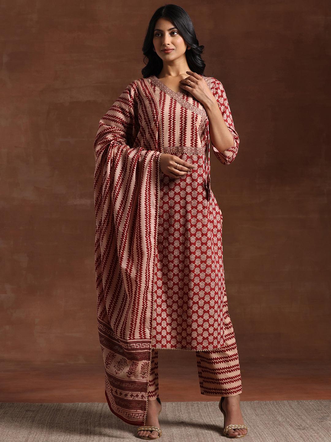 Maroon Printed Cotton Straight Suit With Dupatta - Jashvi