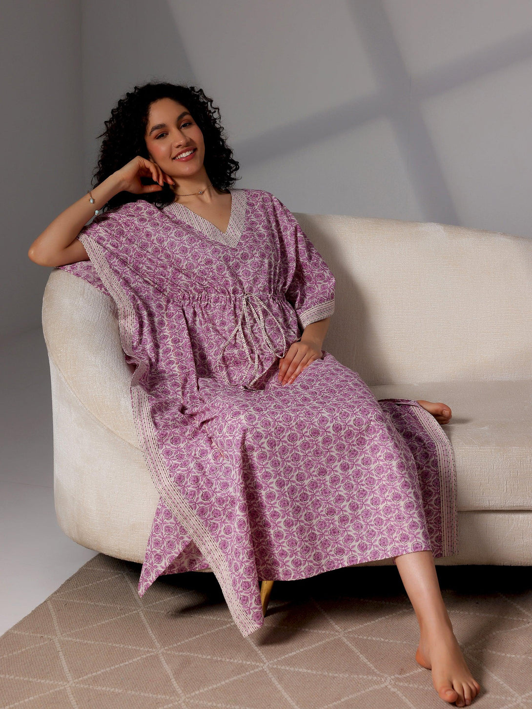 Purple Printed Cotton Kaftan Night Dress - Jashvi