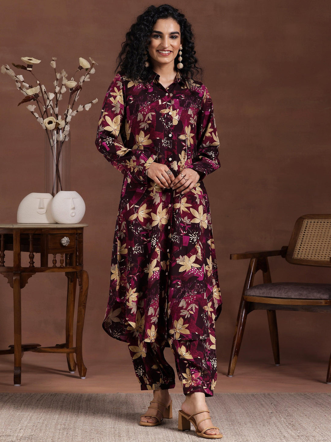 Wine Printed Silk Blend Co-Ords - Jashvi