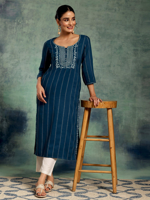 Teal Blue Yoke Design Silk Straight Kurta