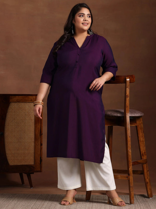 Plus Size Purple Woven Design Silk Straight Kurta