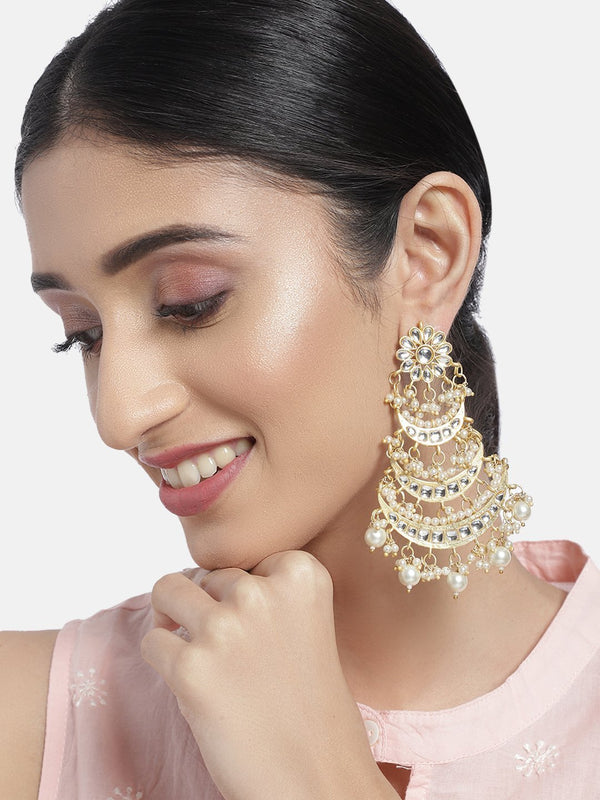 Women's  Gold Plated 3 Layered Beaded Chandbali Earrings With Kundan And Pearl Work - i jewels