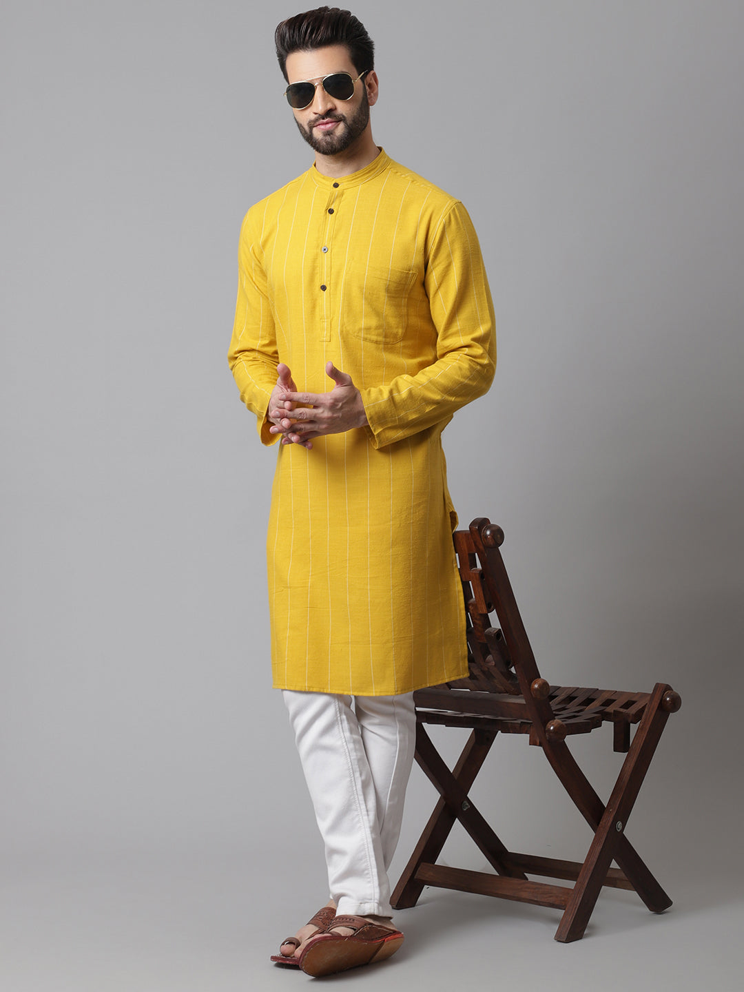 Men's Yellow Pure Cotton Kurta With Band Collar - Even Apparels