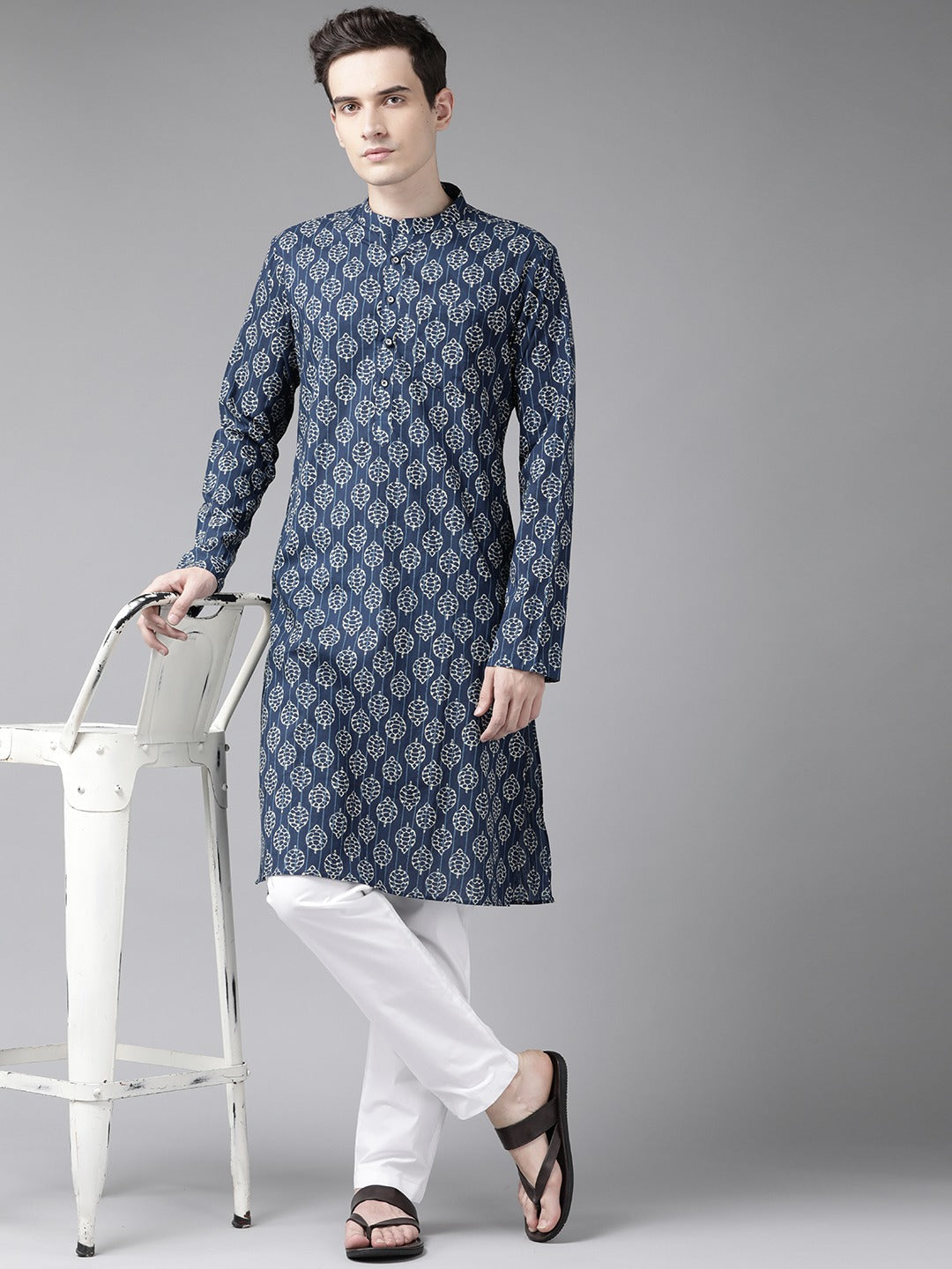 Men's Blue & Beige Printed Straight Kurta With Pyjama - See Designs