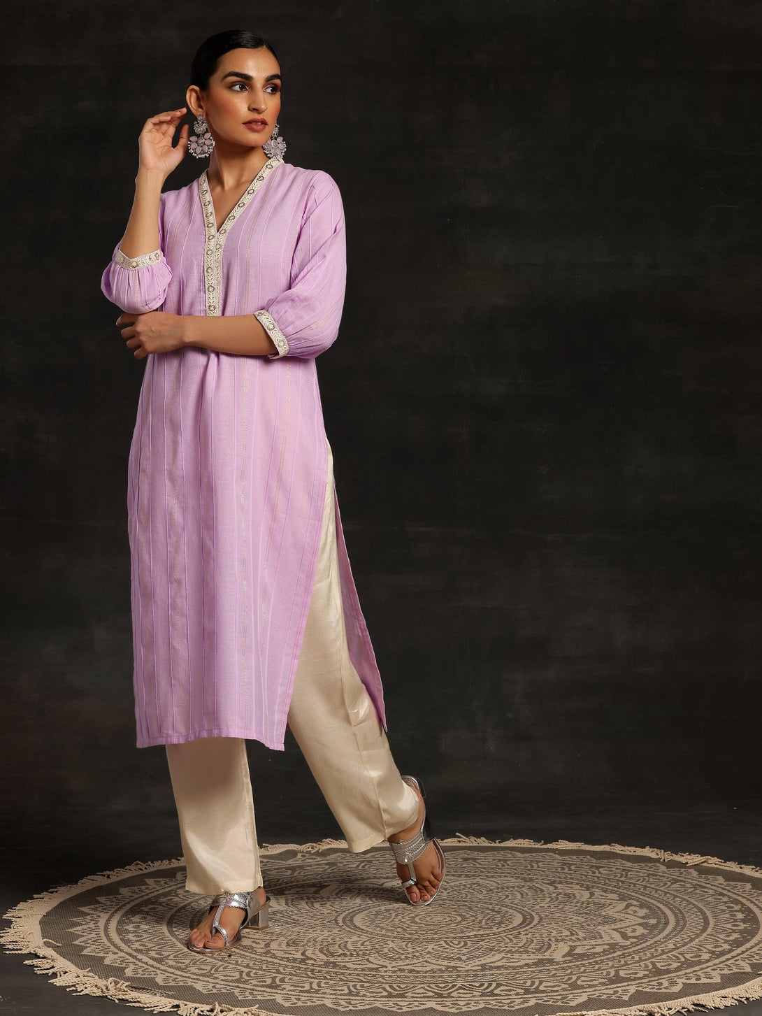 Purple Woven Design Cotton Straight Kurta - Jashvi