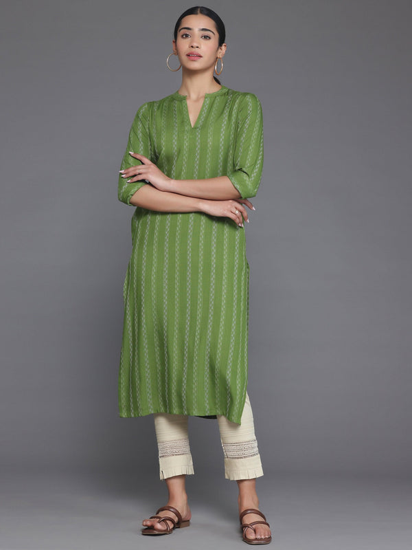 Green Striped Rayon Straight Kurta