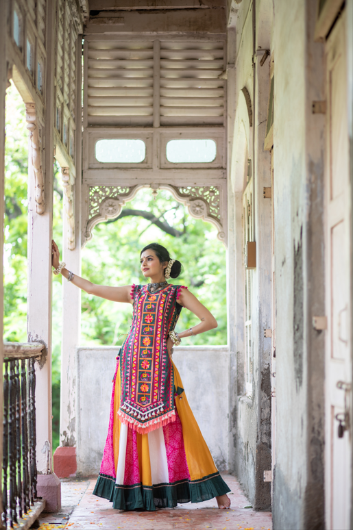 Women's Deep Green Elephant Motif Treditional Embroidered Panel Top With Colorfull Flairy Skirt - Mesmora Fashion