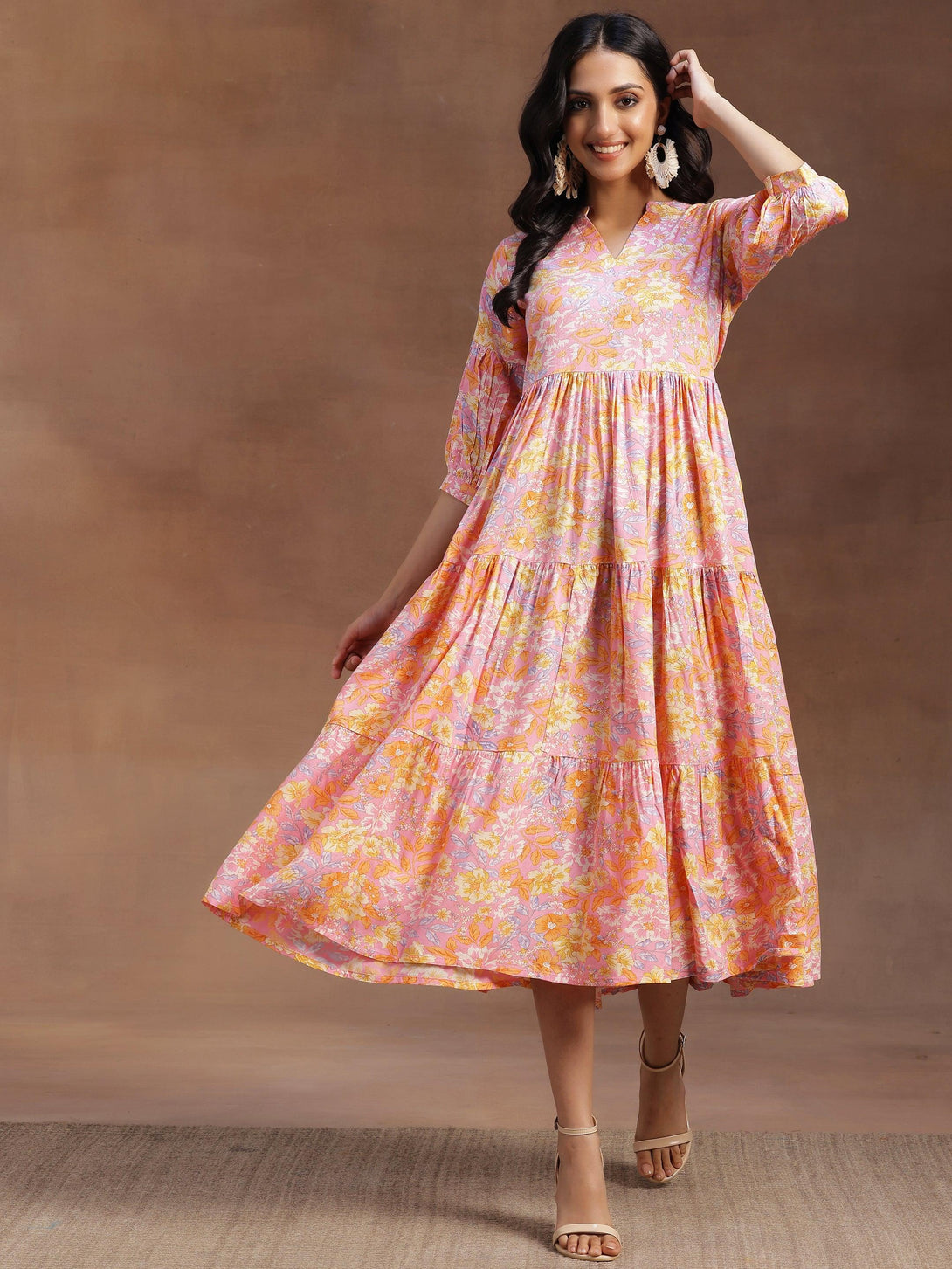 Pink Printed Rayon Fit and Flare Dress - Jashvi