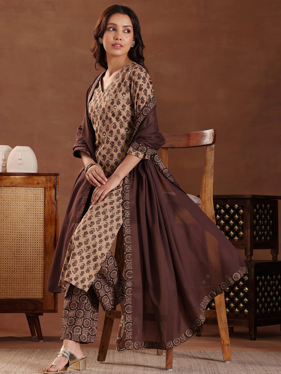 Brown Printed Cotton Straight Suit With Dupatta - Jashvi