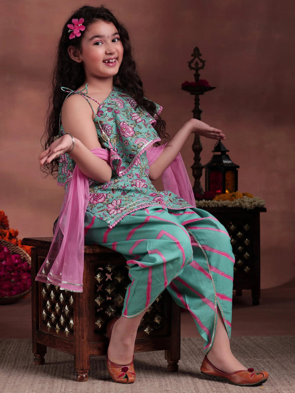 Kids Green Printed Cotton Straight Kurta With Dhoti Pants