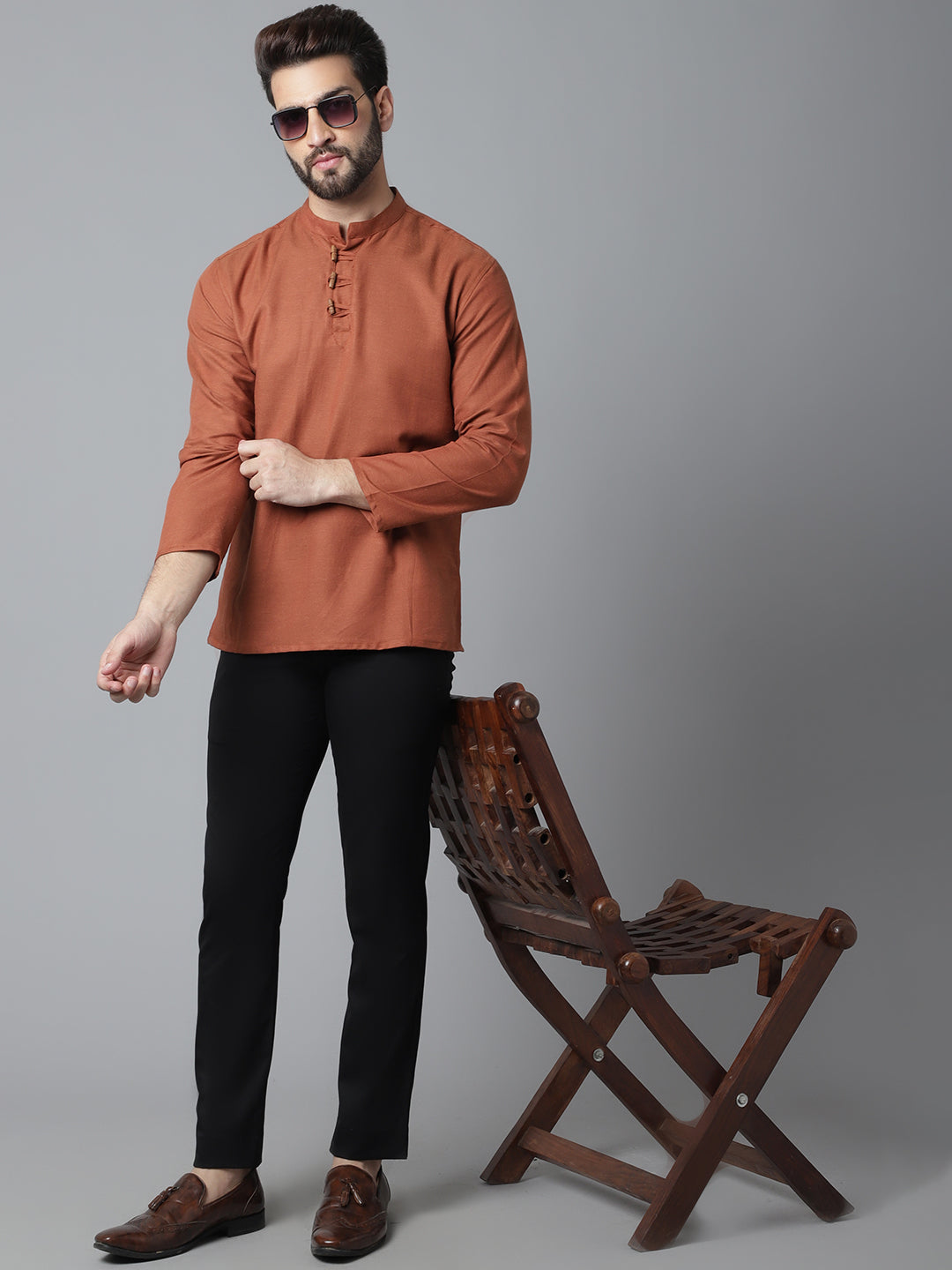 Men's Rust Pure Cotton Kurta With Band Collar - Even Apparels