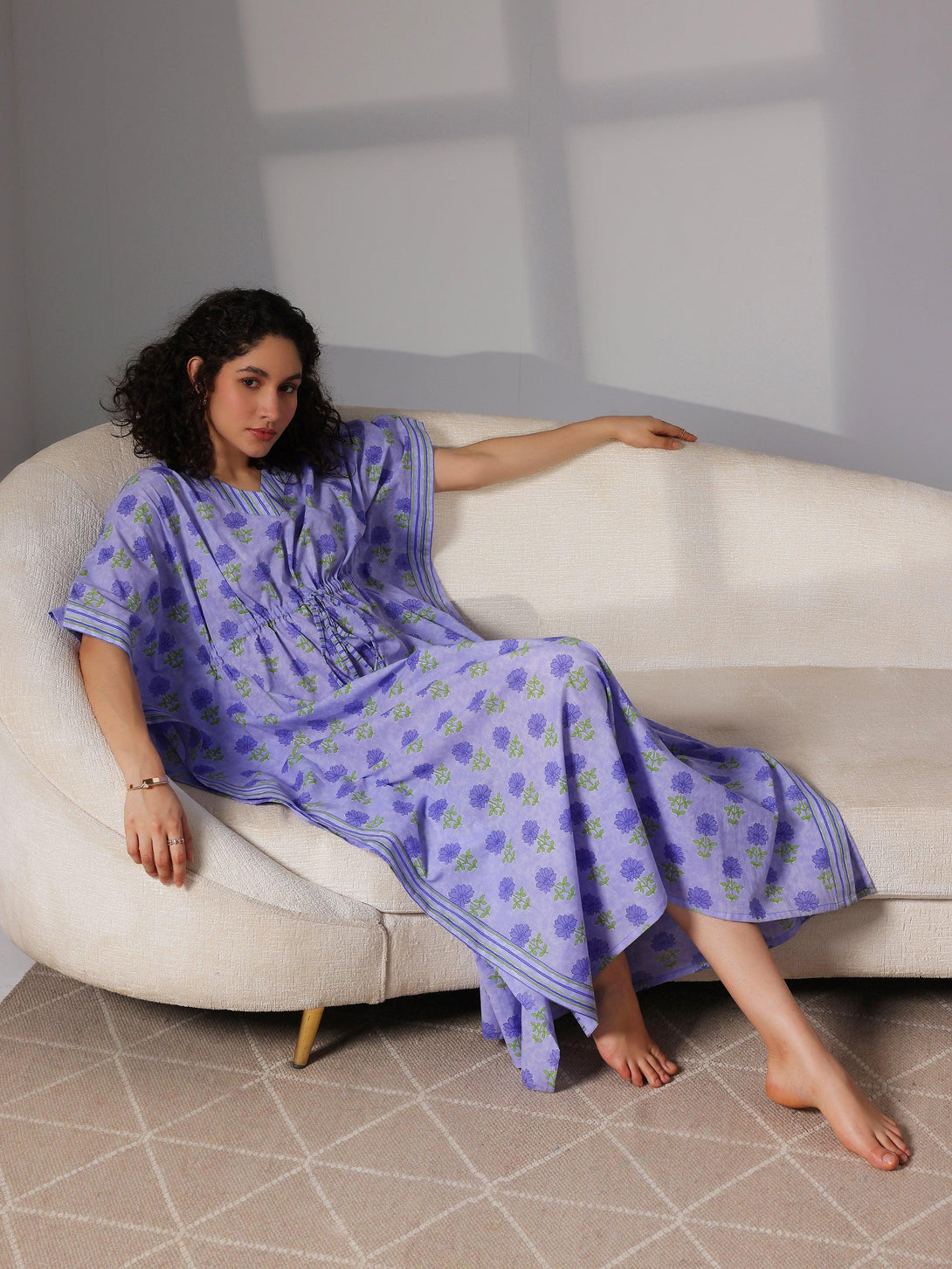 Purple Printed Cotton Kaftan Night Dress - Jashvi