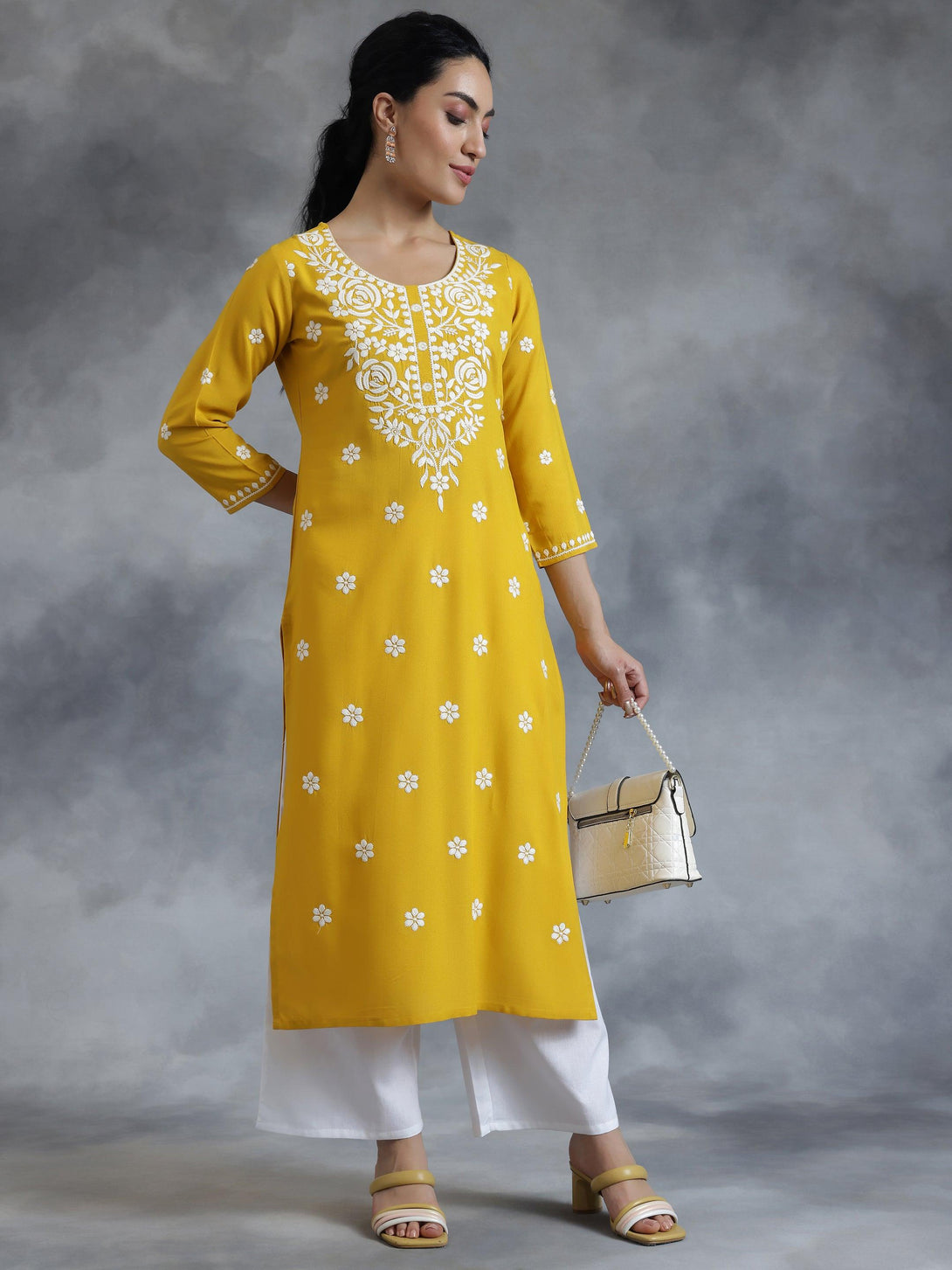 Mustard Embroidered Rayon Straight Kurta - Jashvi