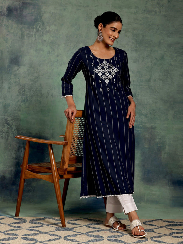 Blue Embroidered Silk Straight Kurta