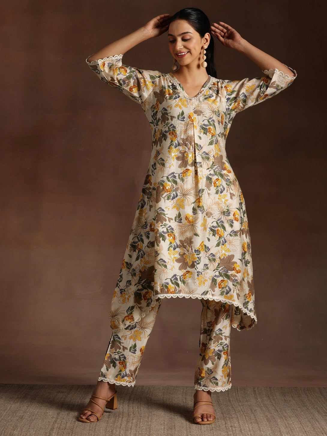 Beige Printed Chanderi Silk A-Line Kurta With Trousers - Jashvi