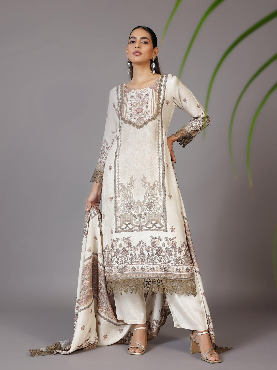 Beige Printed Silk Blend Straight Suit With Dupatta - Jashvi