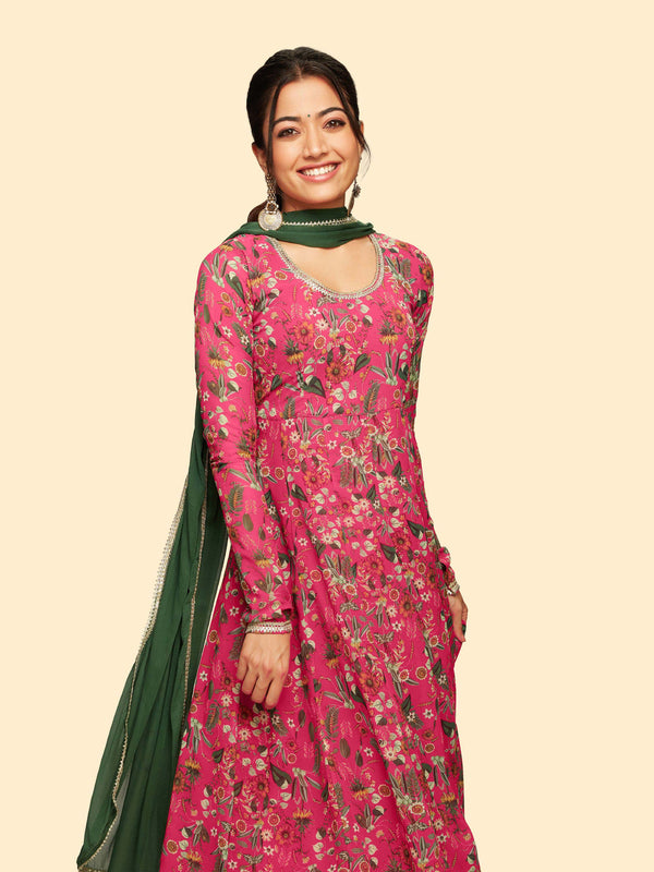 Women's Pink Digital Floral Printed Georgette Set - Janasya