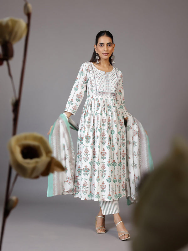 Off White Printed Cotton Anarkali Suit With Dupatta - Jashvi