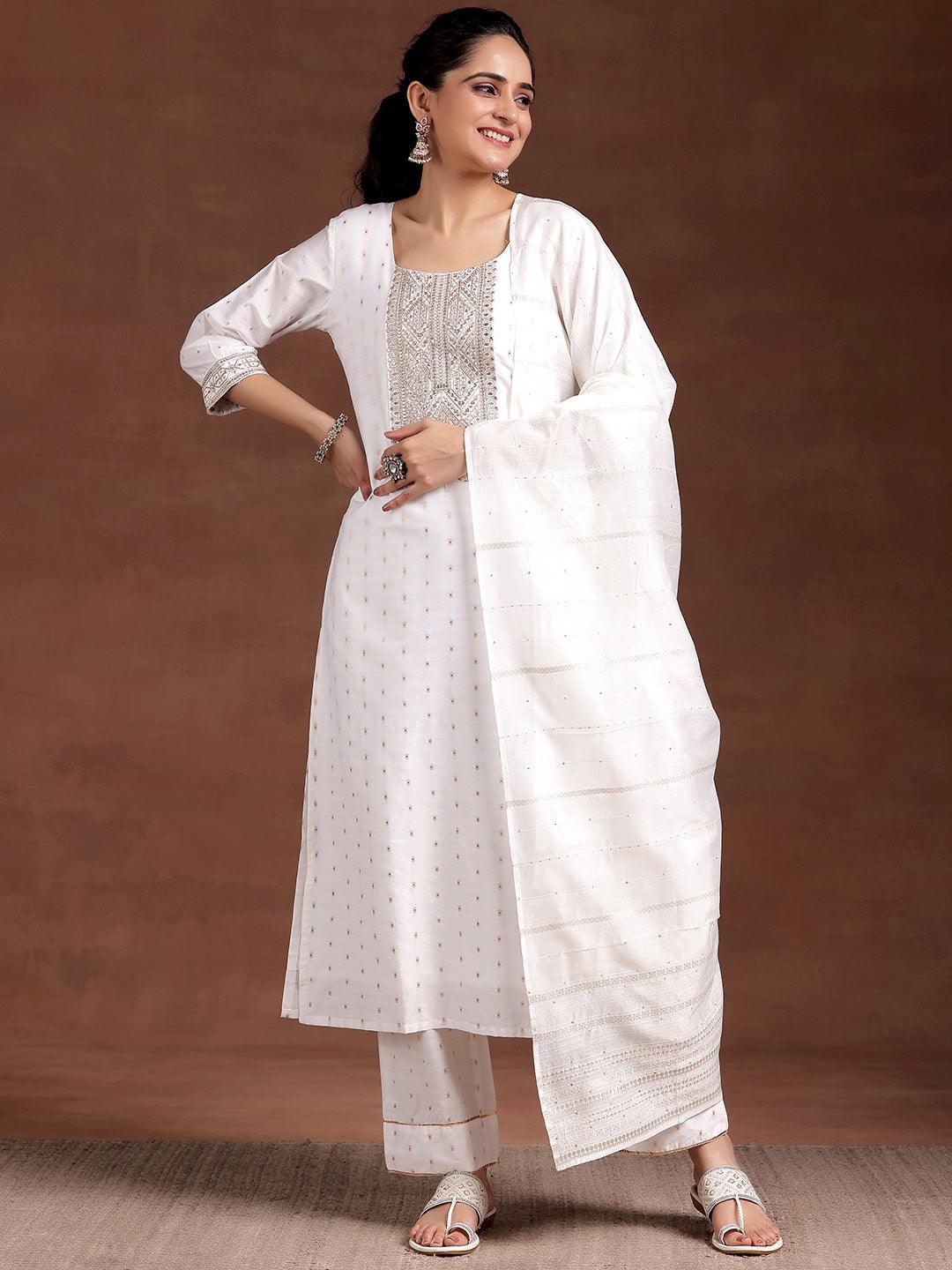 White Yoke Design Silk Blend Straight Suit With Dupatta - Jashvi